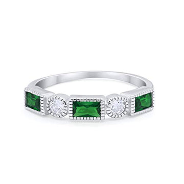 Alternating Baguette Ring Simulated Green Emerald CZ 925 Sterling Silver